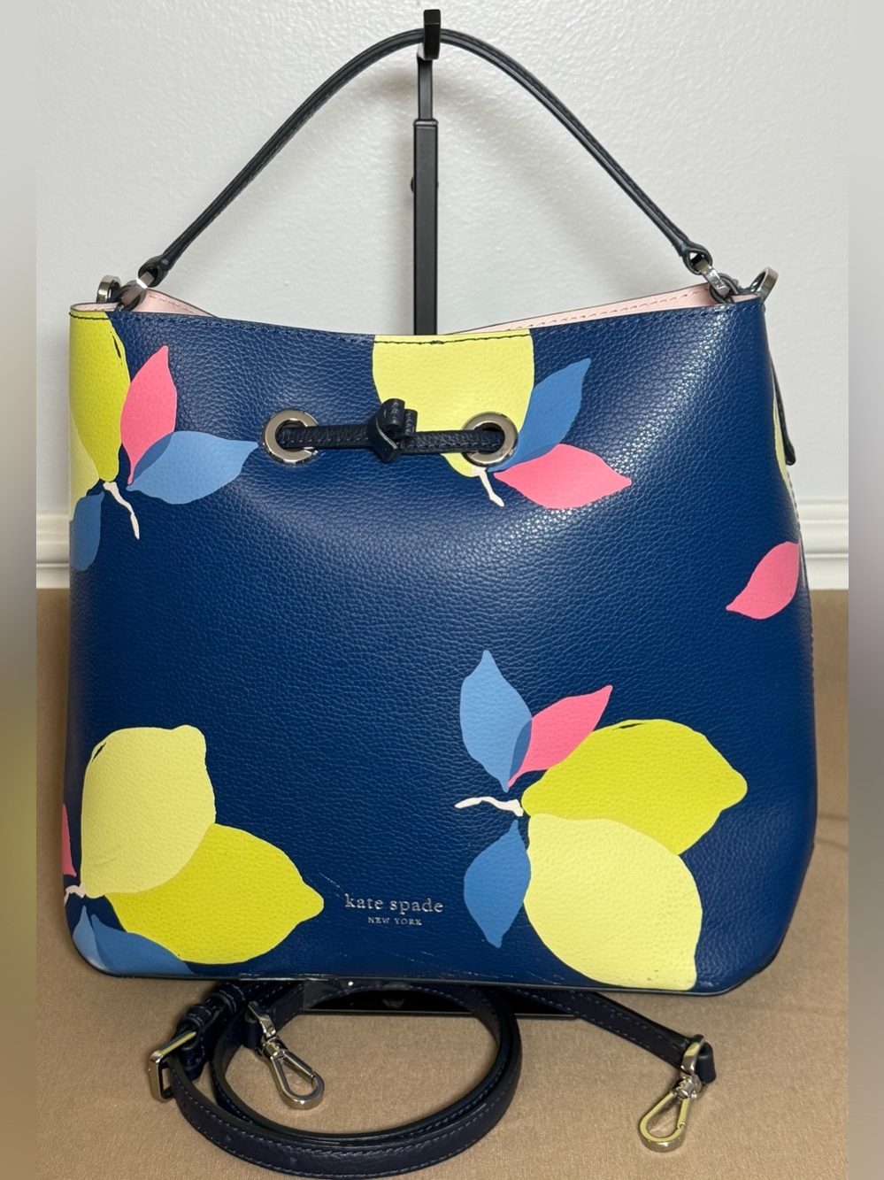 🍋Kate Spade Eva Lemon Zest Large Bucket Bag - Navy Blue Multi-Color